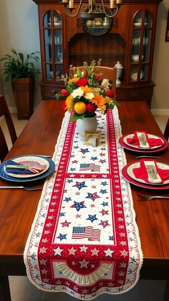 A festive table runner with red, white, and blue designs on a dining table, featuring plates and a flower arrangement.