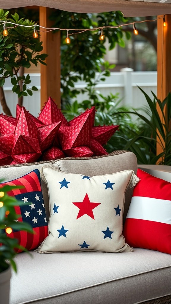 Cozy outdoor seating with patriotic pillows and decorative stars