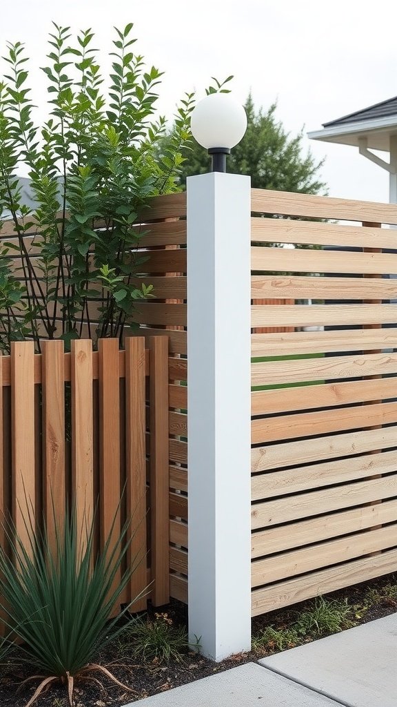 A modern DIY slat fence with wooden slats and a white post, surrounded by plants.