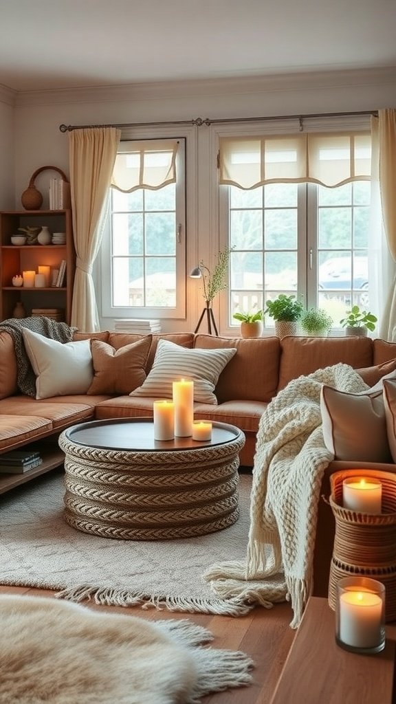 A cozy hygge living room featuring a rope coffee table, warm lighting, and soft furnishings.