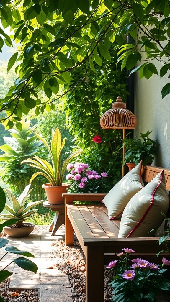 A serene meditation garden with a wooden bench, colorful flowers, and a warm lamp surrounded by lush greenery.