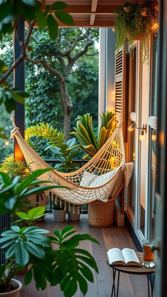 Cozy balcony with a hammock surrounded by plants and a book on a small table
