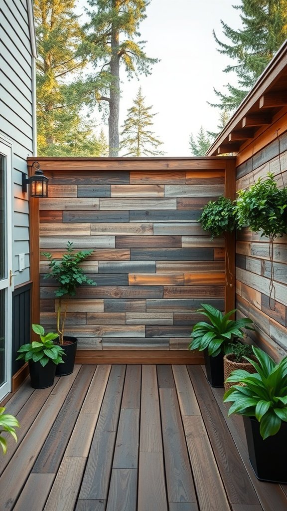 A stylish wooden privacy wall on a deck, adorned with potted plants and a lantern.
