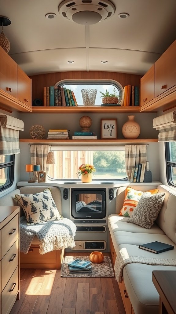Cozy RV interior with organized living area featuring shelves with books, decorative items, and comfortable seating.