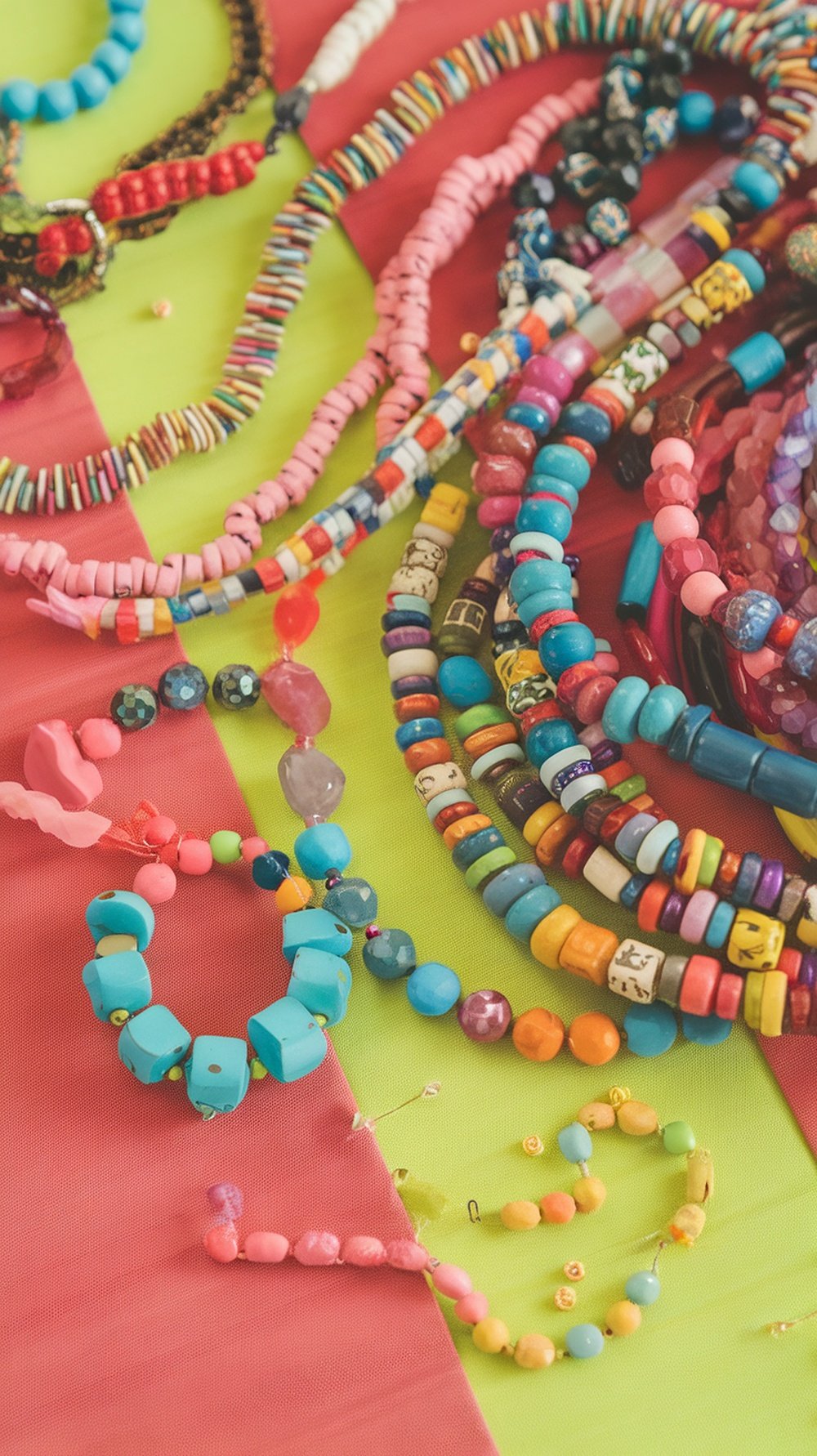 A variety of colorful beads arranged on a table, showcasing different shapes and sizes for necklace making.
