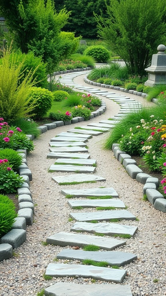 A winding stone pathway through a vibrant garden filled with flowers and greenery.