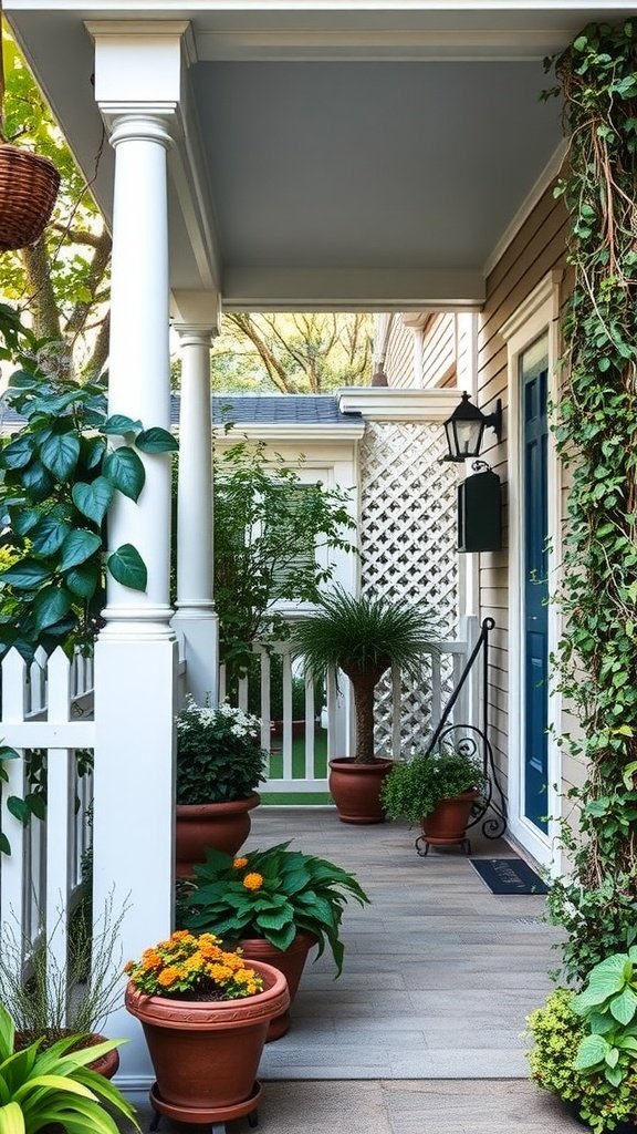 A cozy Cape Cod porch with white columns, potted plants, and a fence.
