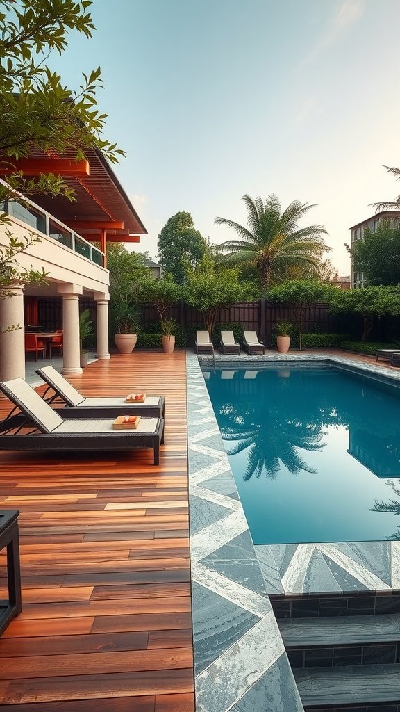 Beautiful pool deck with wooden flooring and lounge chairs, surrounded by greenery and a clear blue pool.