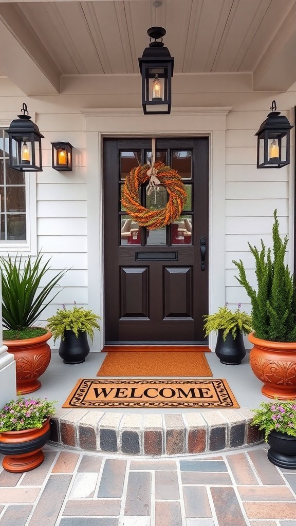 A charming farmhouse front porch with a welcome mat, decorative pots, and warm lighting.