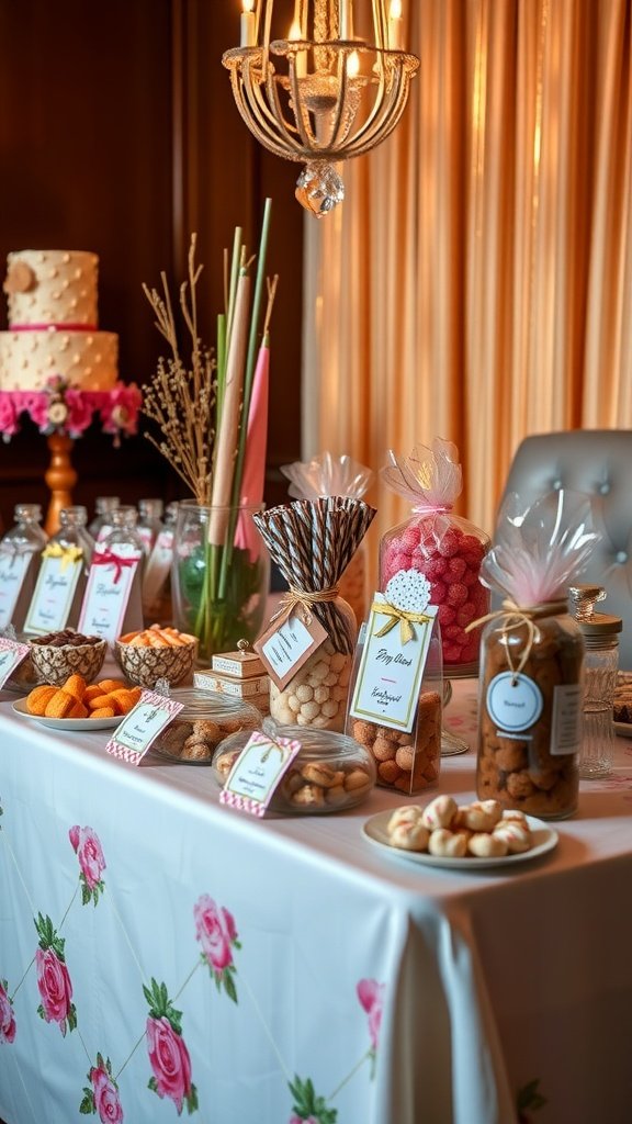 A beautifully arranged senior table display with various sweets and a cake, decorated with a floral tablecloth.