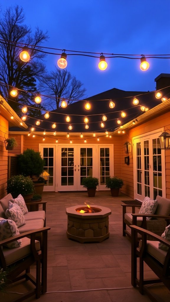 A cozy patio with string lights overhead, a fire pit in the center, and comfortable seating.