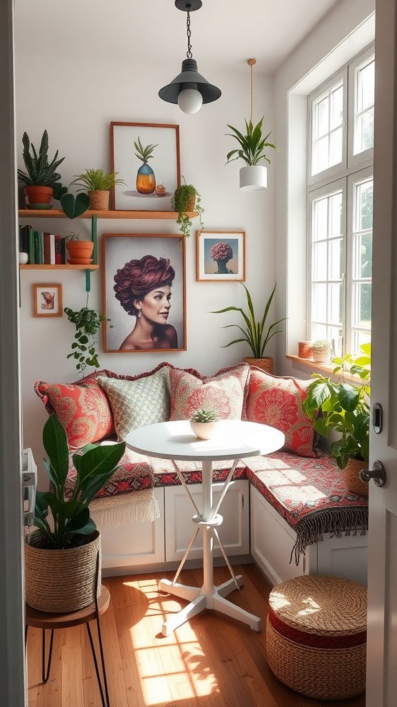A cozy nook in a Boho kitchen with vibrant cushions and plants, creating a relaxing atmosphere.