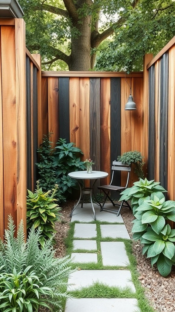 A cozy nook with a recycled wood fence, featuring green plants, a small table, and a pathway.
