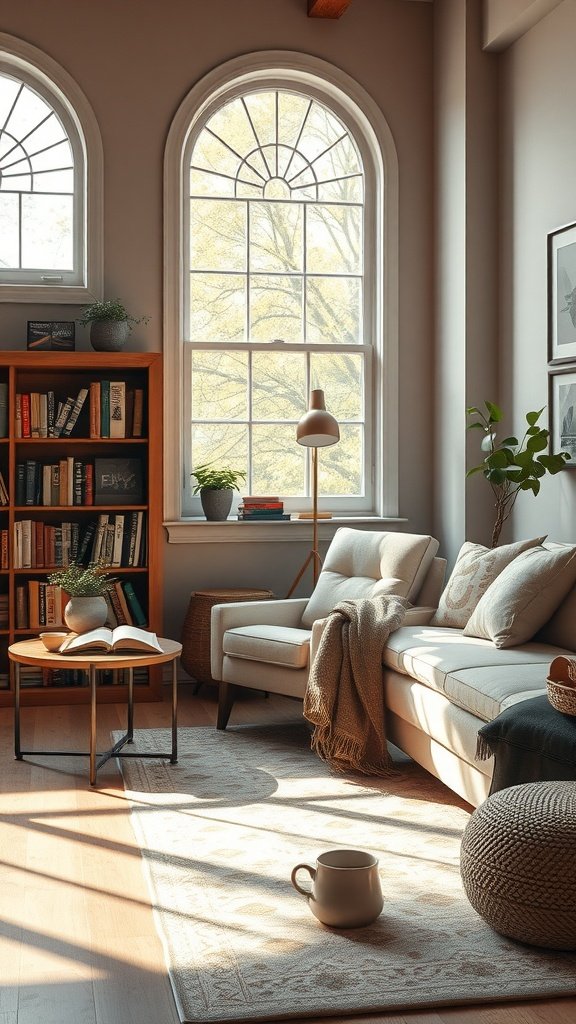 Cozy reading corner in a large living room with arched windows and natural light.