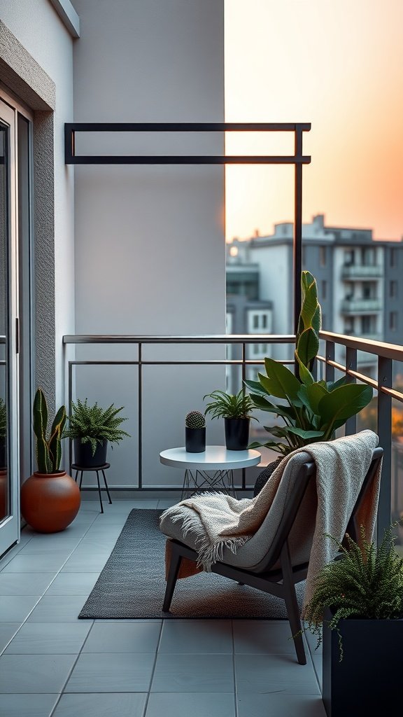 Cozy small balcony with minimalist furniture, plants, and sunset view.