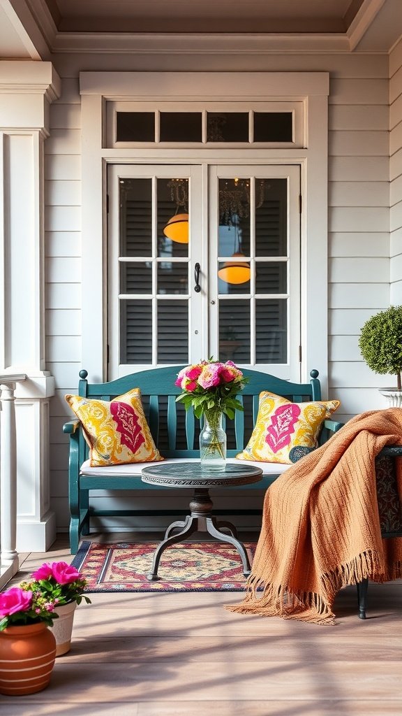 Cozy seating nook on a front porch with a bench, colorful cushions, a small table, and potted plants.