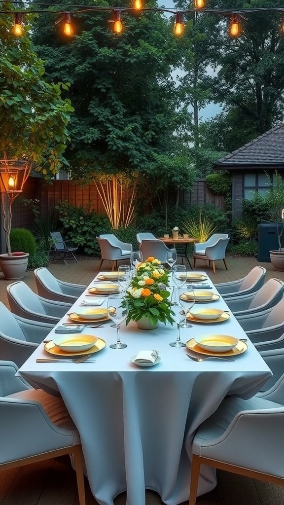 An outdoor dining setup featuring a beautifully arranged table with flowers and chairs, illuminated by string lights.