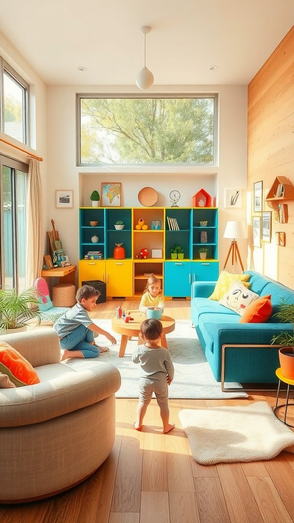 A bright and colorful family living room with children playing