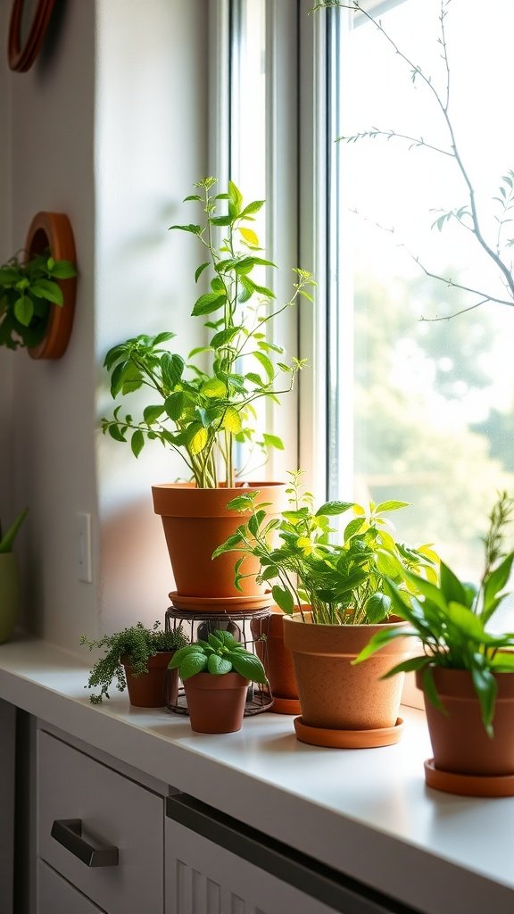 A bright kitchen windowsill with various potted herbs, including basil, mint, and parsley, under natural light.