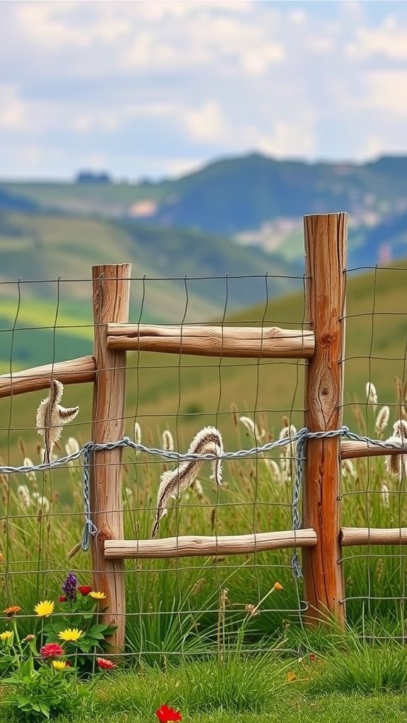 Rustic fence made of wood and wire with flowers in the foreground