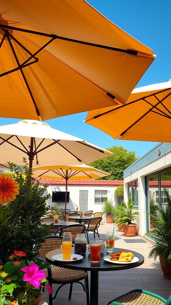 A sunny patio with yellow umbrellas, tables with drinks and snacks, surrounded by plants.