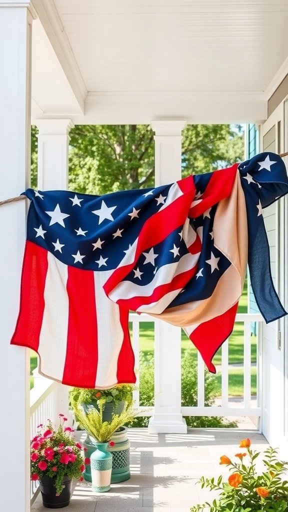 A vibrant American flag draped on a porch with colorful flowers in pots nearby