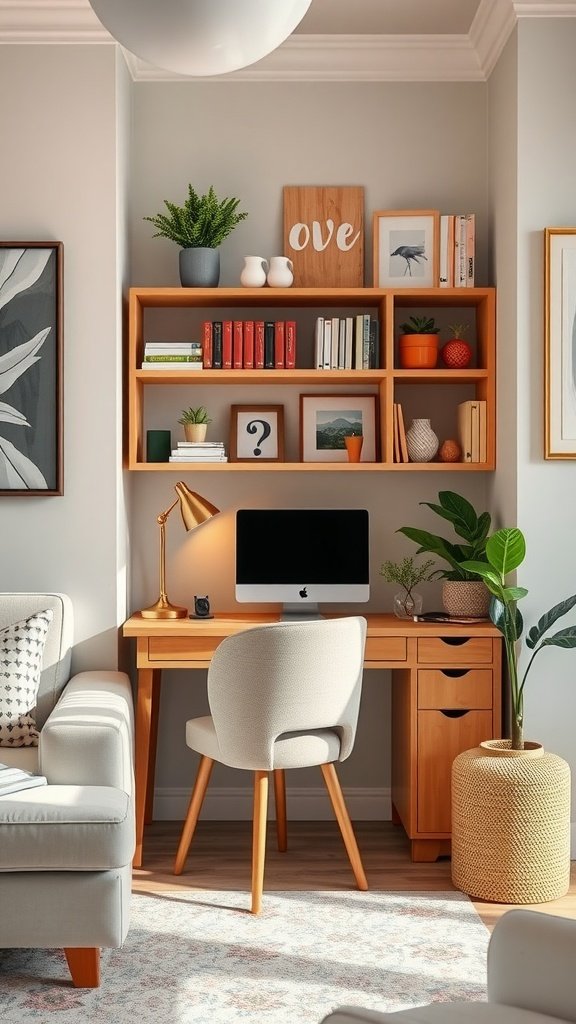 A stylish home office nook featuring a wooden desk, computer, and decorative shelves.
