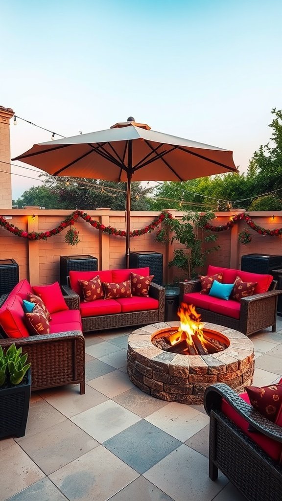 An inviting outdoor lounge decorated in patriotic themes with red cushions and a fire pit.