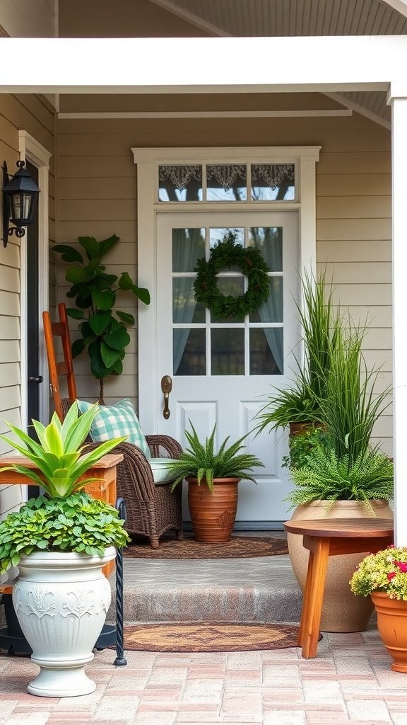 Layered planter arrangements on a front porch, featuring various plant types and sizes for visual depth.