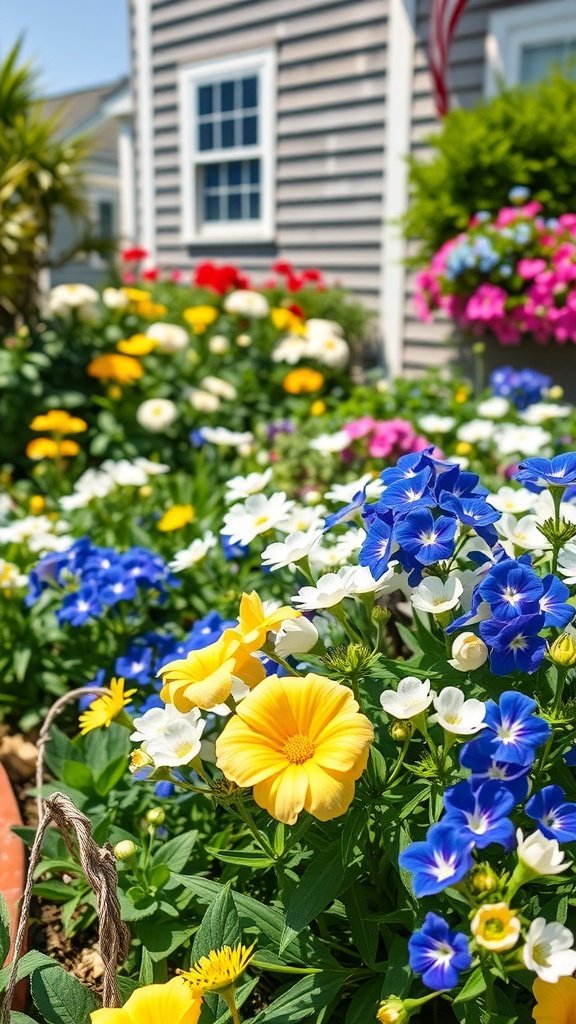 A colorful flower garden with blue, yellow, and white blossoms in front of a cape cod house.