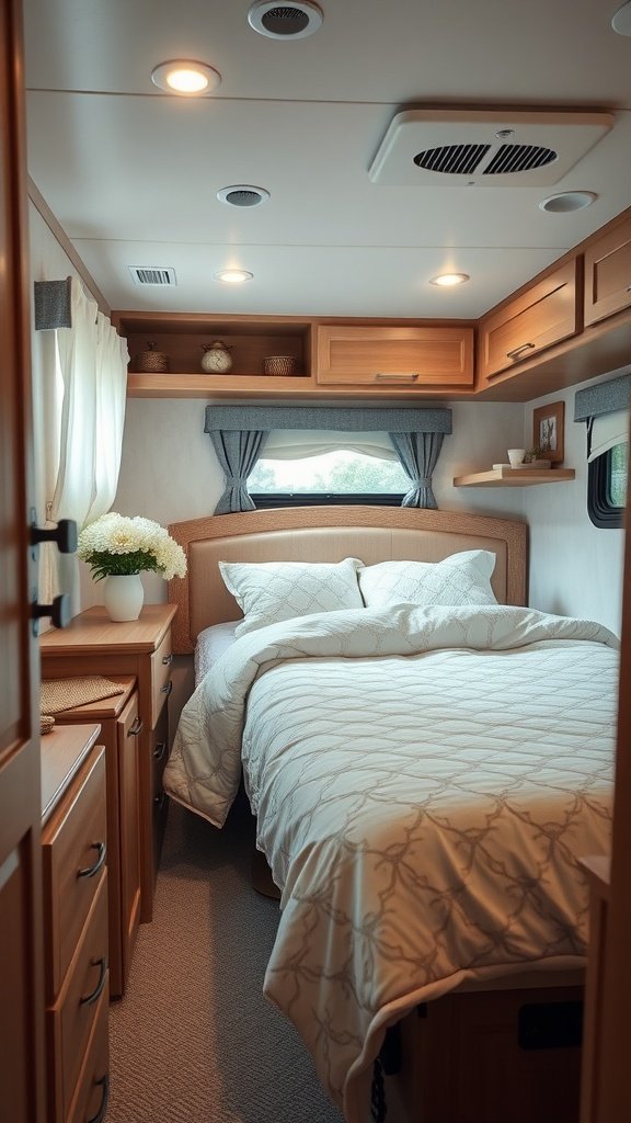Cozy and organized RV bedroom with a neatly made bed, soft lighting, and wooden storage.