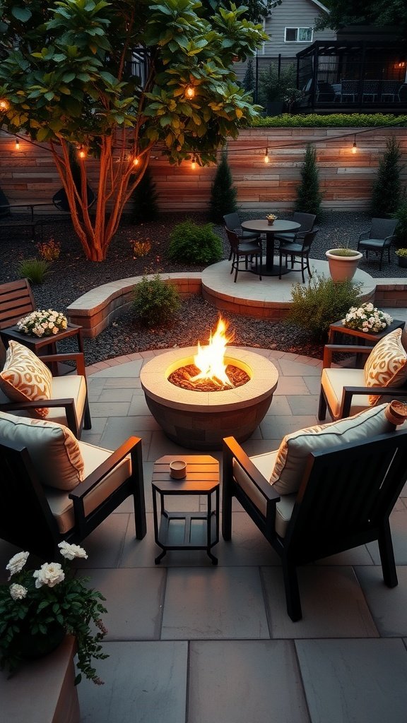 A cozy outdoor seating area around a fire pit with comfortable chairs and a small table, illuminated by string lights.