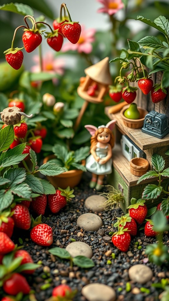 A whimsical fairy garden featuring vibrant strawberries, a small fairy figurine, and charming decorations.