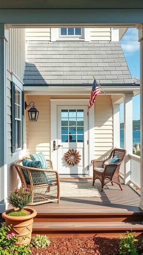 A cozy porch entrance of a Cape Cod house featuring wicker chairs, decorative pillows, and potted plants.