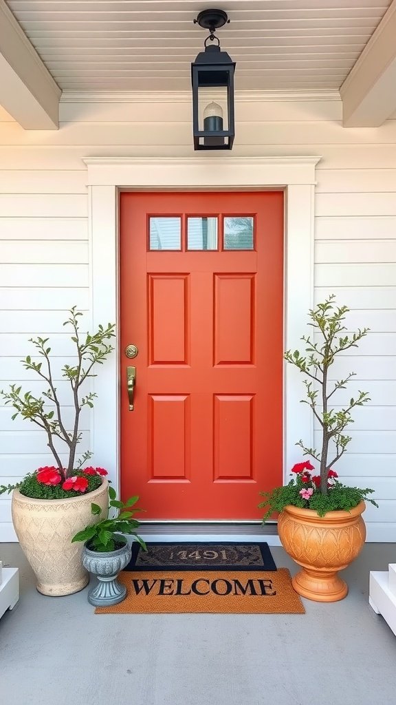 A bright orange door on a farmhouse front porch with potted plants and a welcome mat.