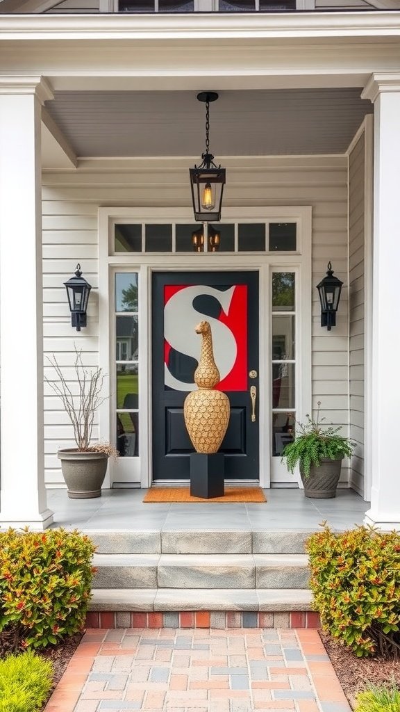 A small front porch with a unique sculpture as a focal point, complemented by a bold door and potted plants.