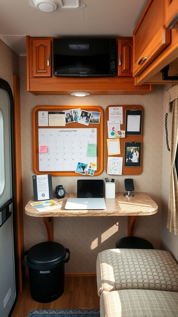 A functional RV command center with a desk, calendar board, and organized workspace.