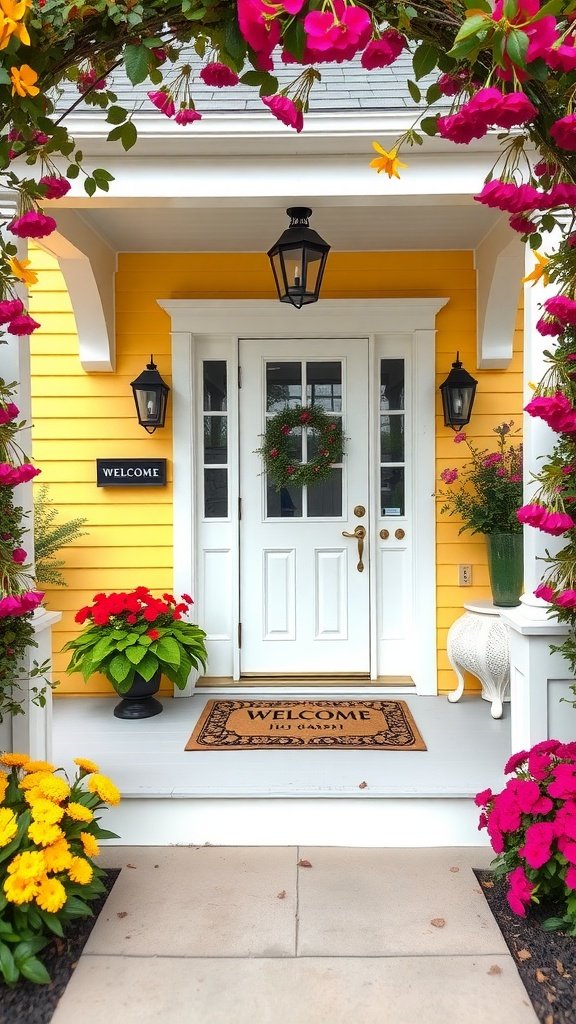 Charming yellow Cape Cod house entryway with flowers and a welcome mat