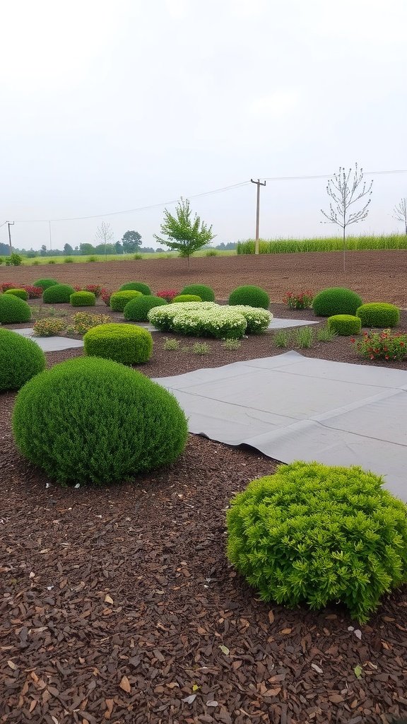A landscaped garden with rounded shrubs, flowers, and geotextile fabric laid beneath mulch.