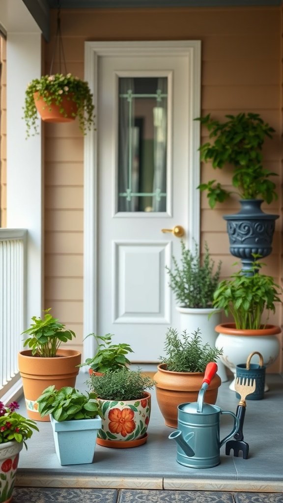 A small front porch featuring a mini herb garden with various potted herbs, a watering can, and a small gardening tool.