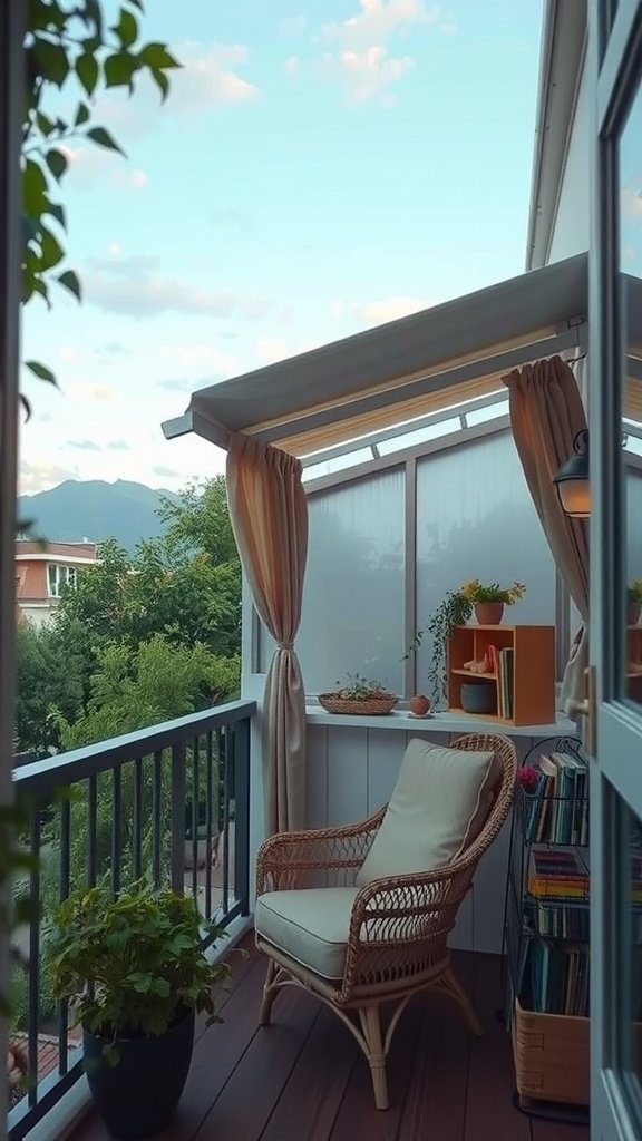 A cozy small balcony with a chair, canopy, and plants, perfect for reading.