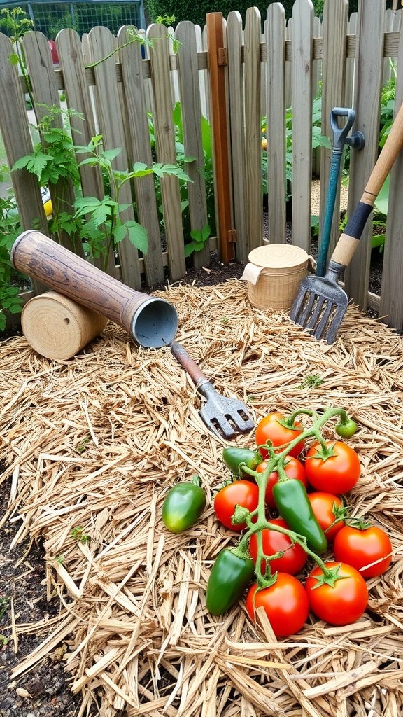 A garden area with straw mulch, tomatoes, green peppers, and gardening tools.
