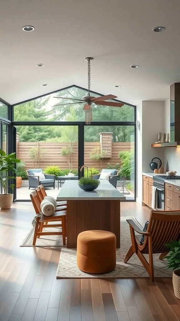 A modern kitchen that opens to an outdoor seating area, featuring large glass doors and stylish furniture.