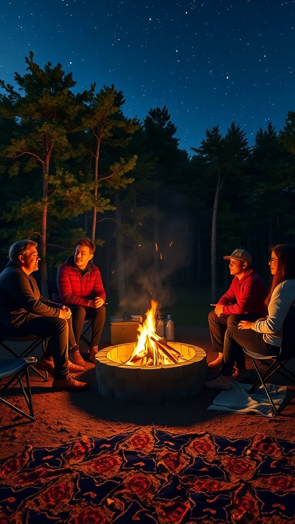 Group of friends sitting around a campfire in a forest at night.