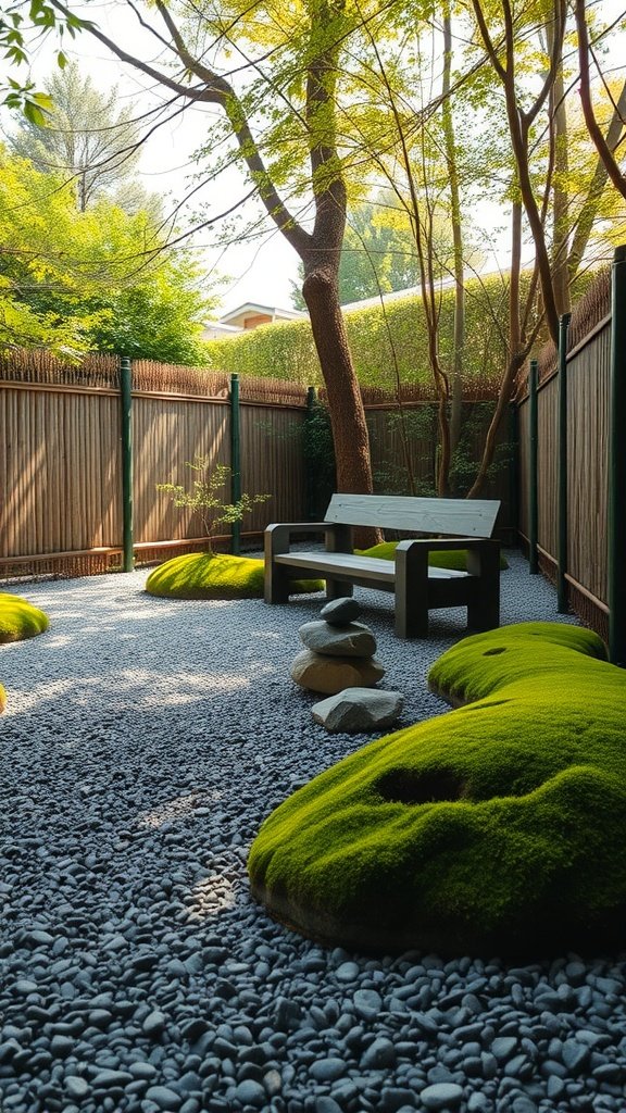 A tranquil Zen garden featuring moss-covered stones, gravel pathways, and a wooden bench surrounded by greenery.