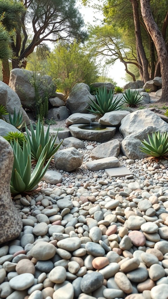 Rock garden featuring smooth pebbles, rocks, and agave plants, creating a tranquil zen space.
