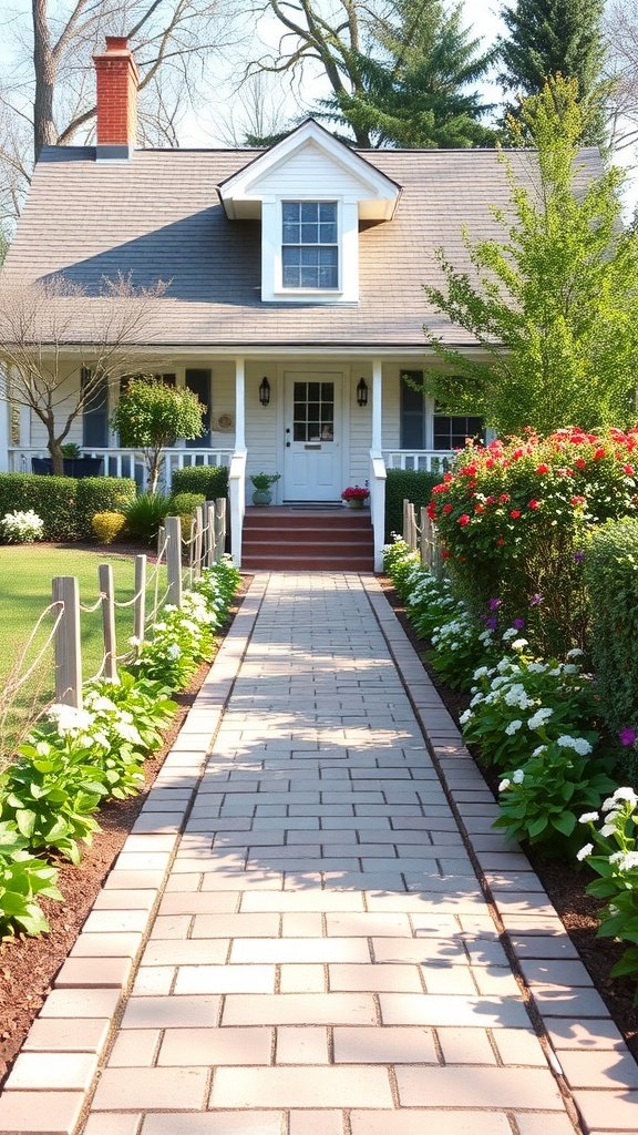 A beautiful brick pathway leading to a Cape Cod house with flowers on either side.