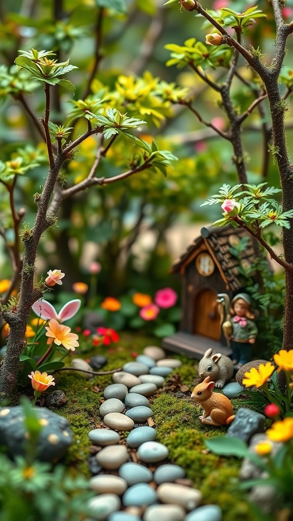 A whimsical miniature forest scene featuring a stone path, colorful flowers, and tiny animal figures, with a cozy cottage in the background.