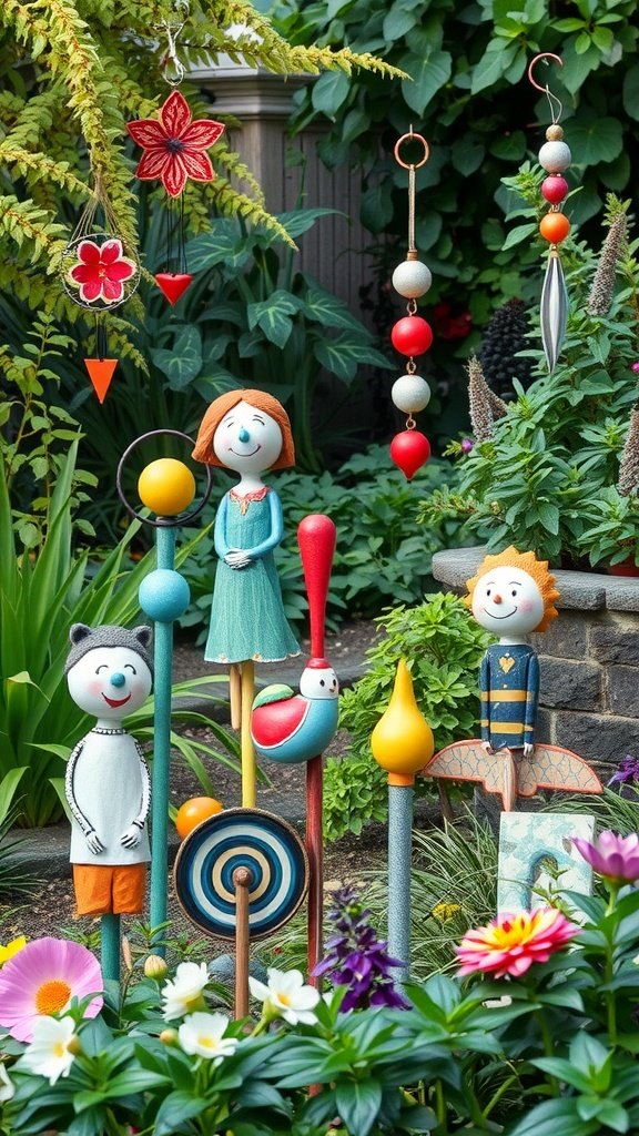 Colorful garden art figures in a lush garden with blooming flowers.