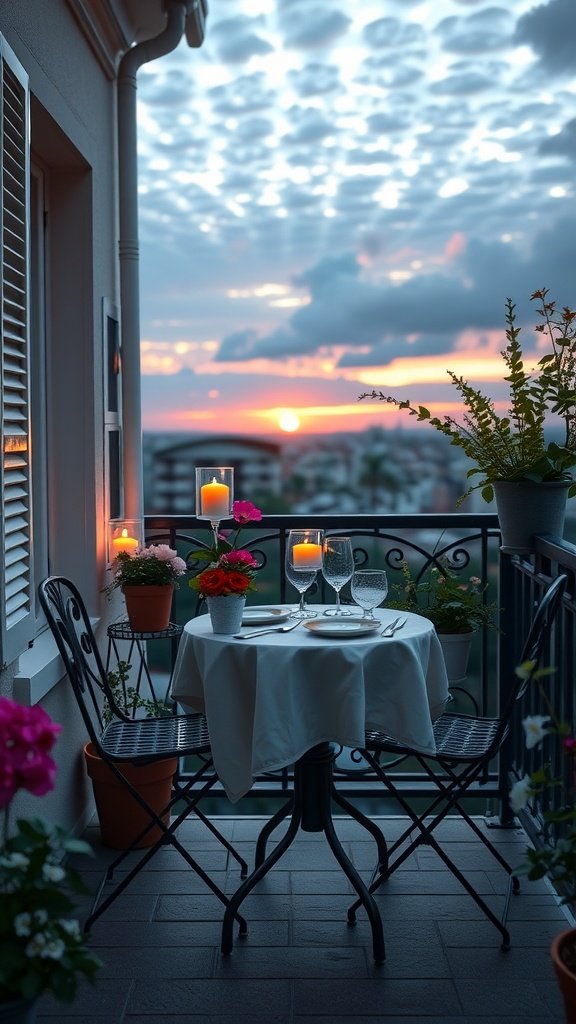 A small balcony dining setup featuring a table, chairs, candles, and flowers, with a beautiful sunset in the background.